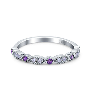 14K White Gold Half Eternity Wedding Band Art Deco Design Simulated Amethyst CZ Ring